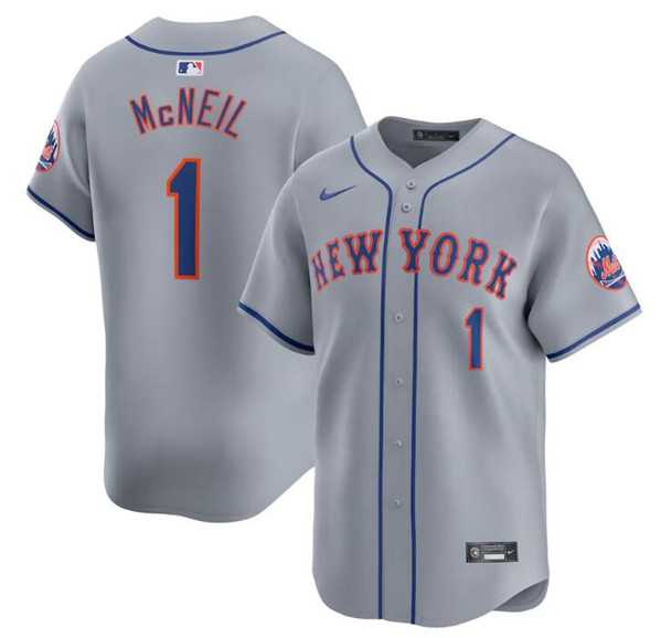 Mens New York Mets #1 Jeff McNeil 2024 Gray Away Limited Stitched Baseball Jersey Dzhi->new york mets->MLB Jersey